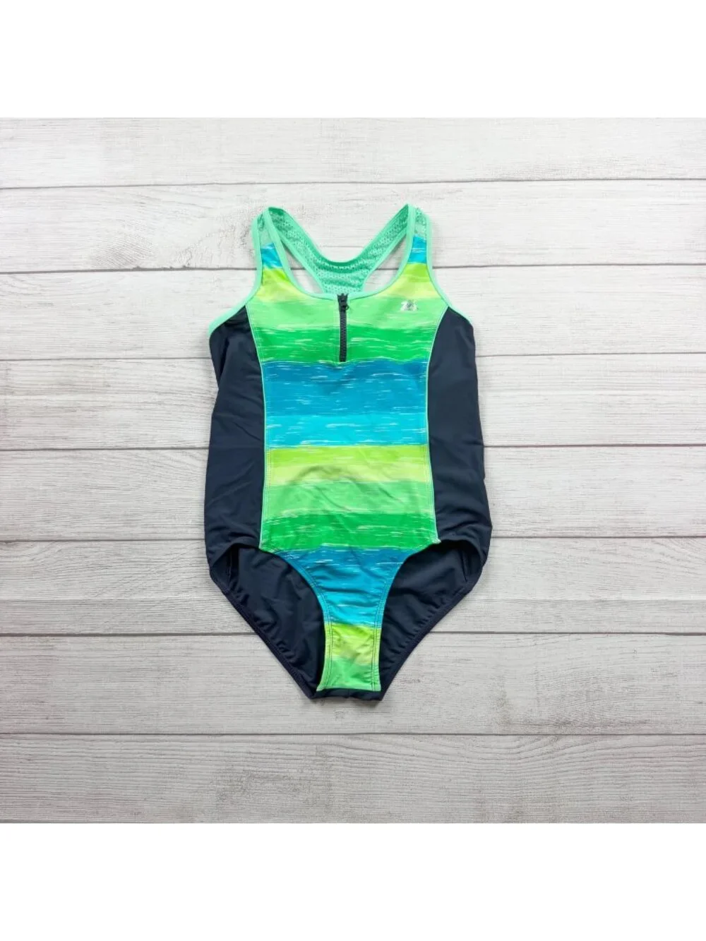 ZeroXposur Girls Athletic One Piece Swimsuit Zipper Stripes XL 16